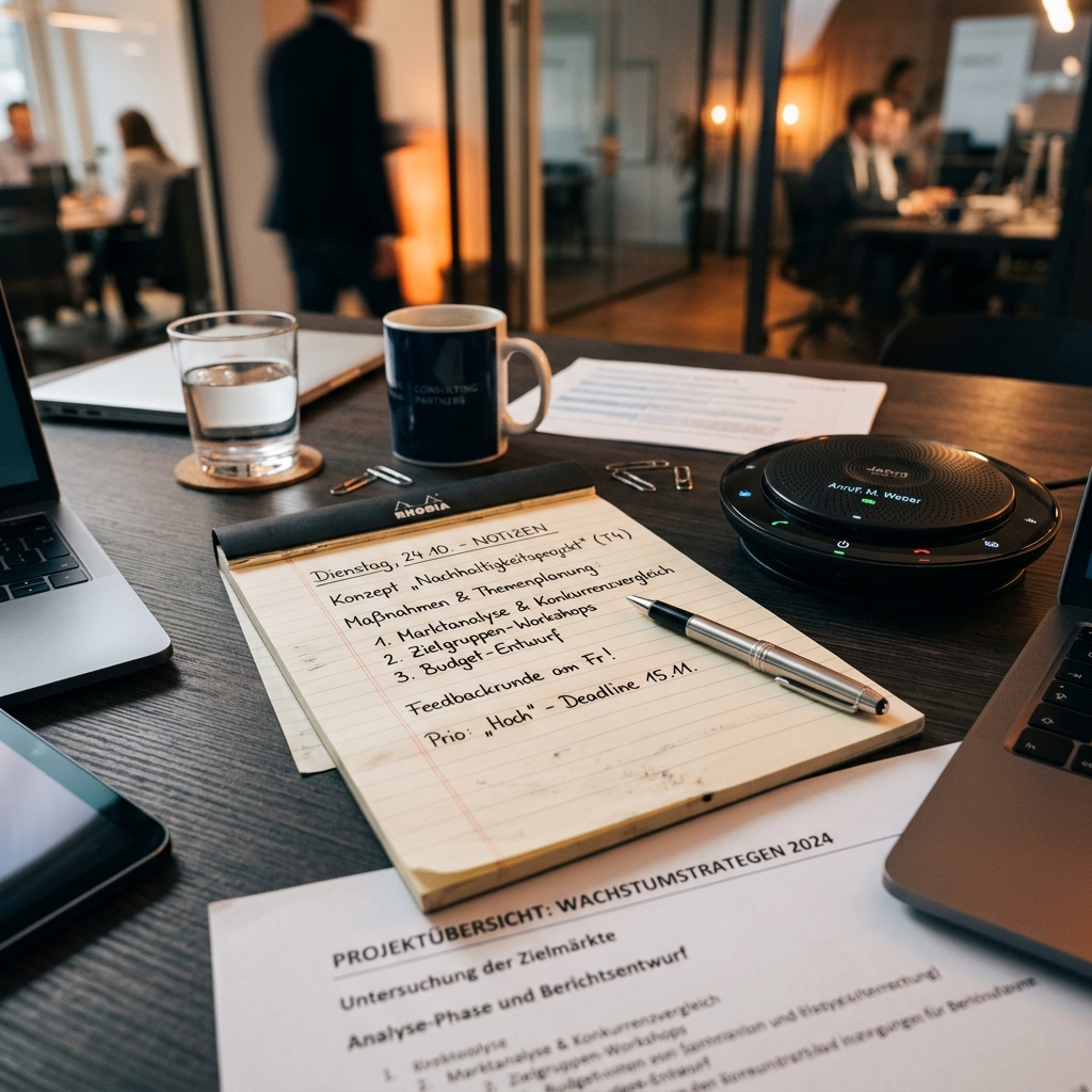 Makroaufnahme eines Schreibtischs mit Recherchematerial und Telefon