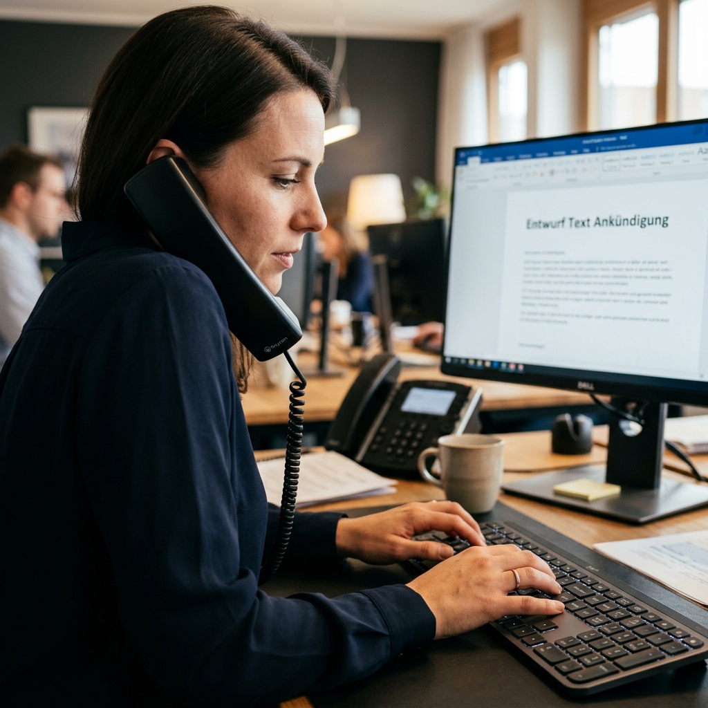 Person mit Telefon am Ohr tippt am PC einen Text-Entwurf