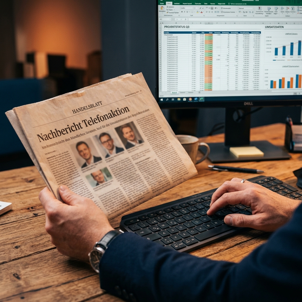 Eine Hand hält eine Zeitung mit dem Titel Nachbericht Telefonaktion, die andere Hand tippt Zahlen in eine Excel-Tabelle